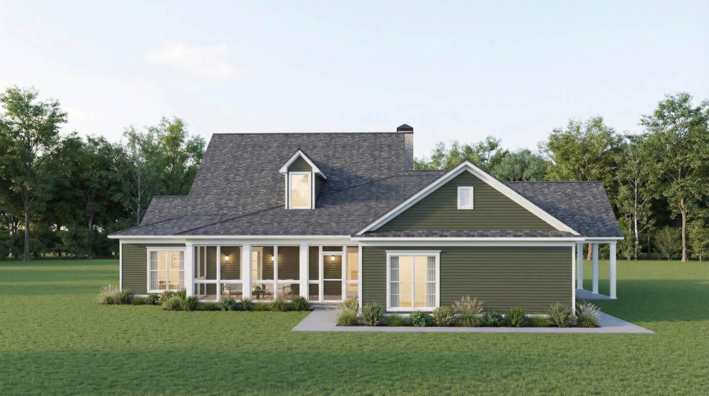 House plan exterior: One-and-a-half story with gabled dormer, screened porch, and attached garage.