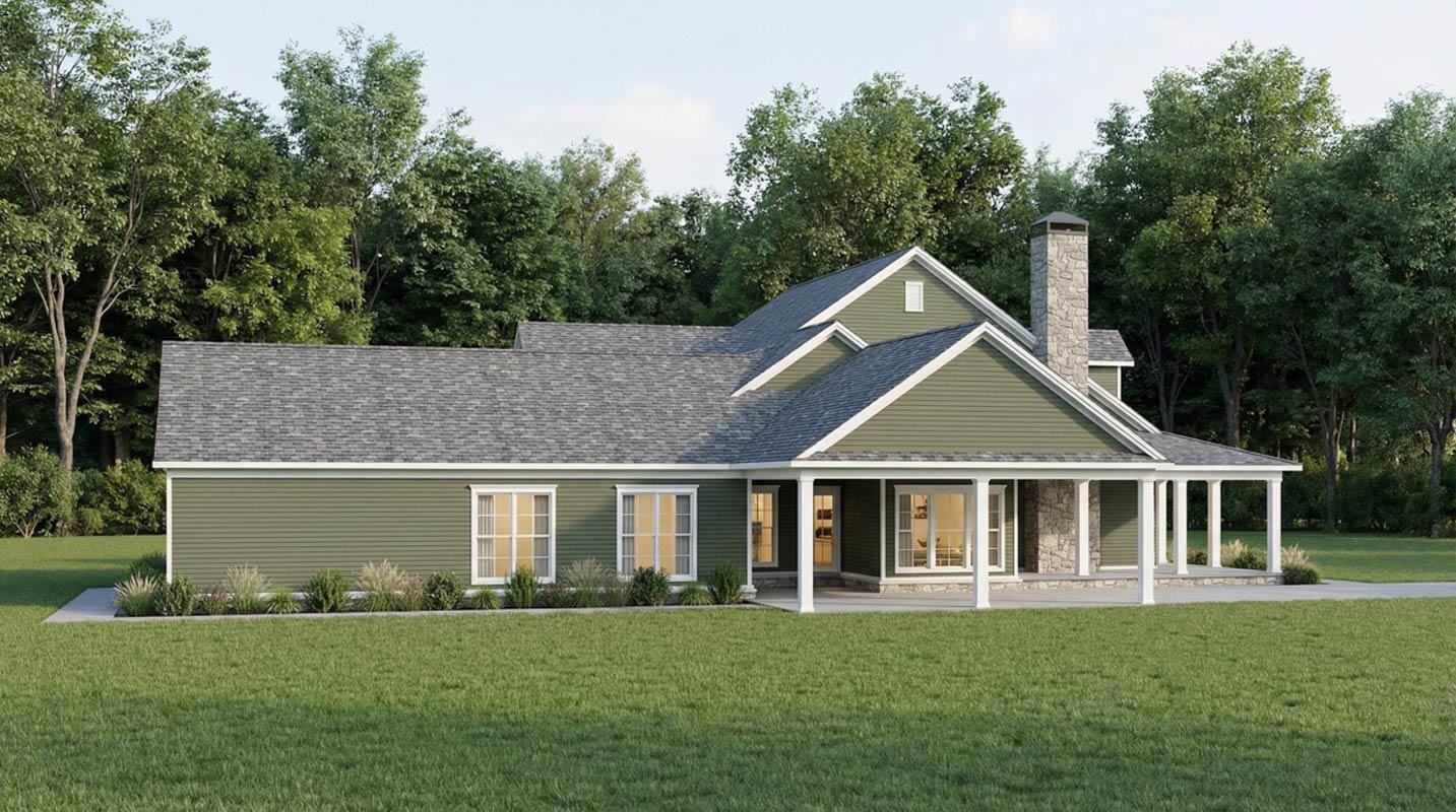 House plan exterior of a single-story Modern Farmhouse with a wraparound porch, stone chimney, and multiple gables.