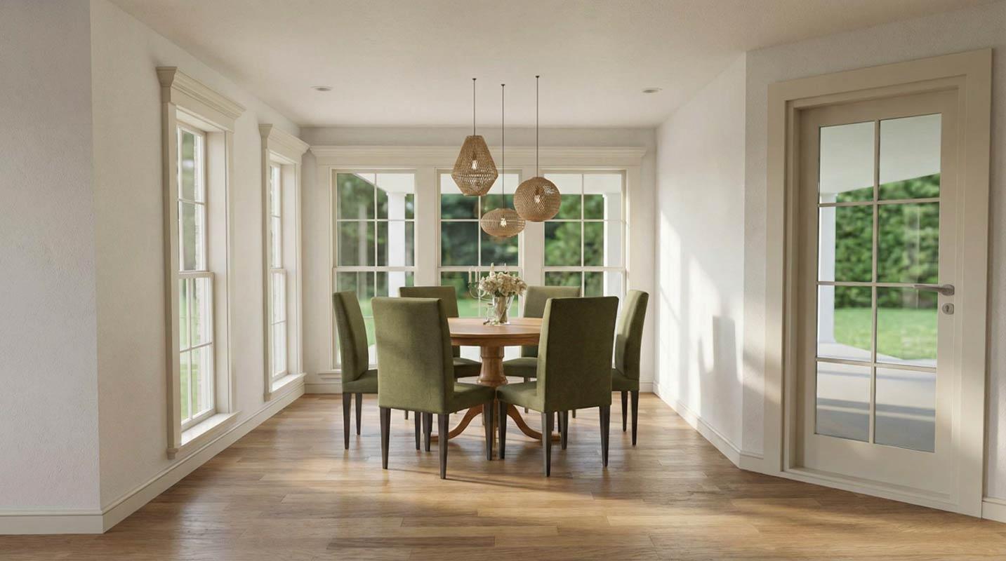 Dining room with round table, six upholstered chairs, large windows, and a glass-paneled door.
