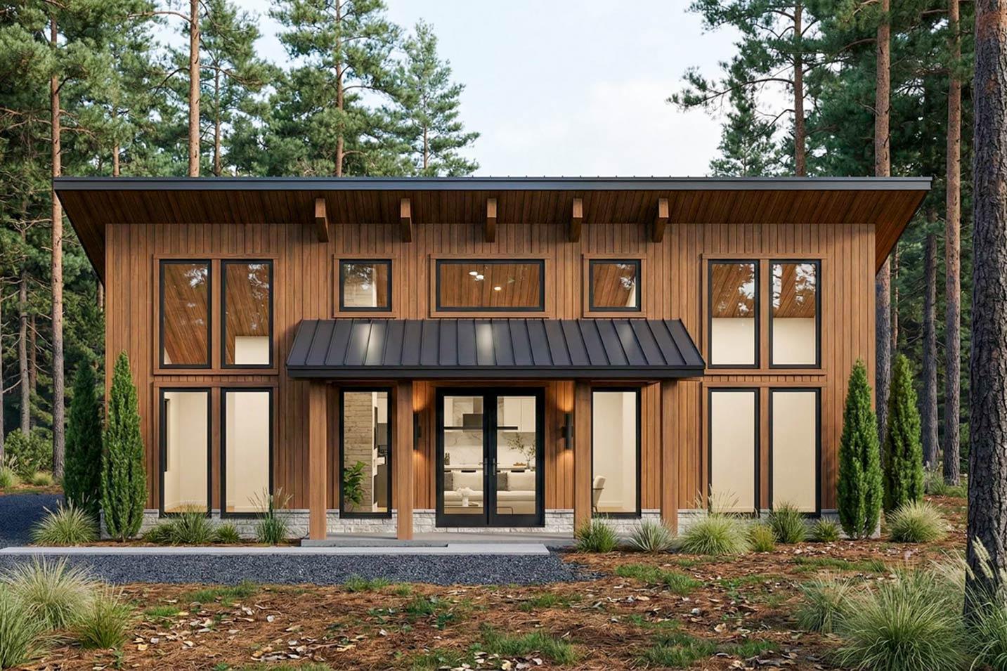 Modern house plan exterior with vertical wood siding, a cantilevered roof, and numerous large windows.