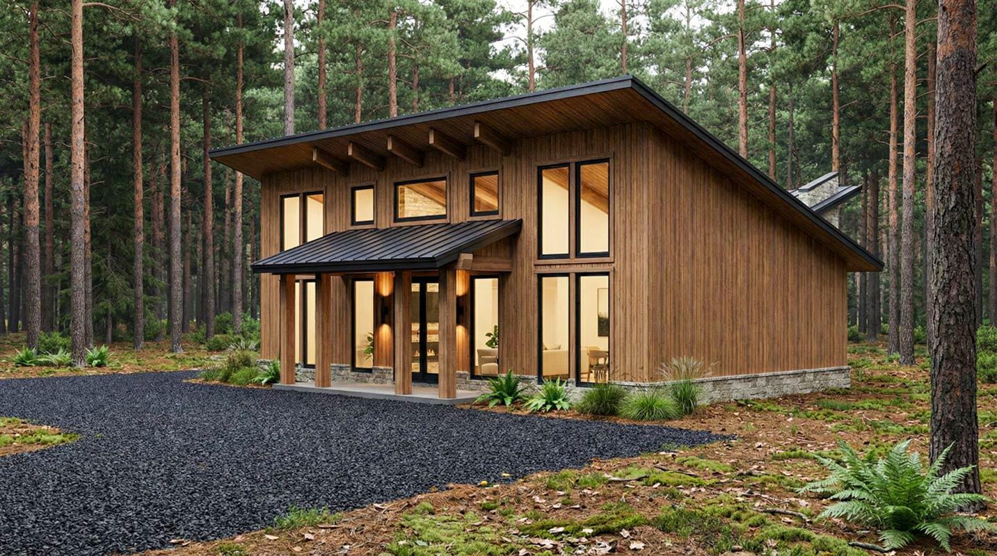 Modern house plan exterior with wood siding, asymmetric gabled roof, stone foundation, and large windows.