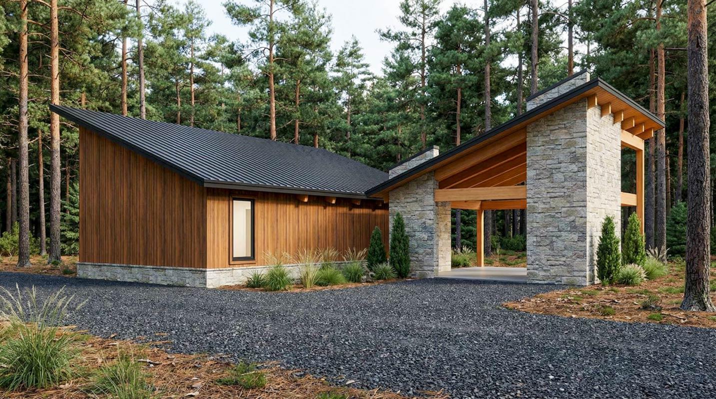 Modern house plan exterior with wood siding, stone accents, asymmetrical metal roof, and covered entryway.