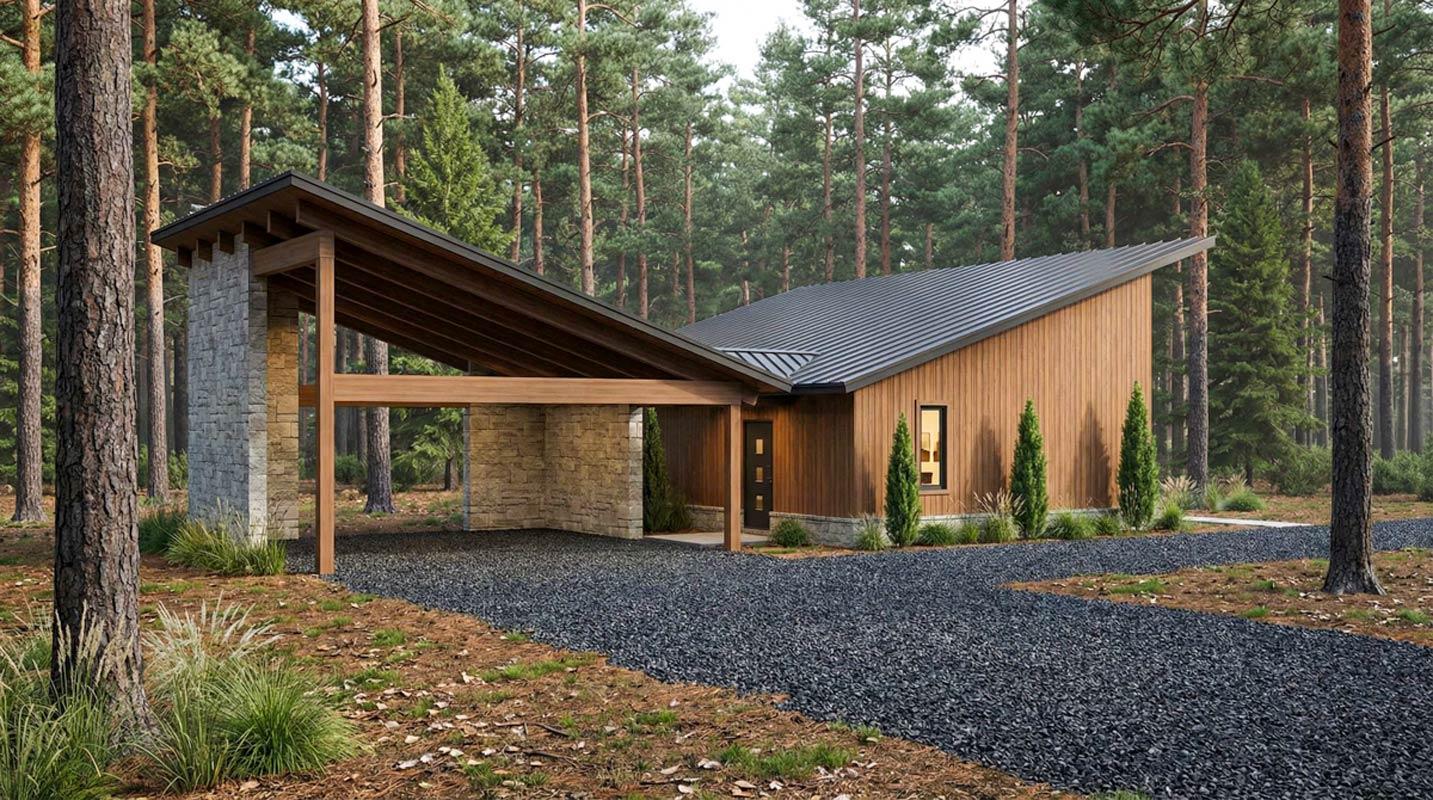 Modern house plan exterior with asymmetric rooflines, wood siding, stone accents, and carport.