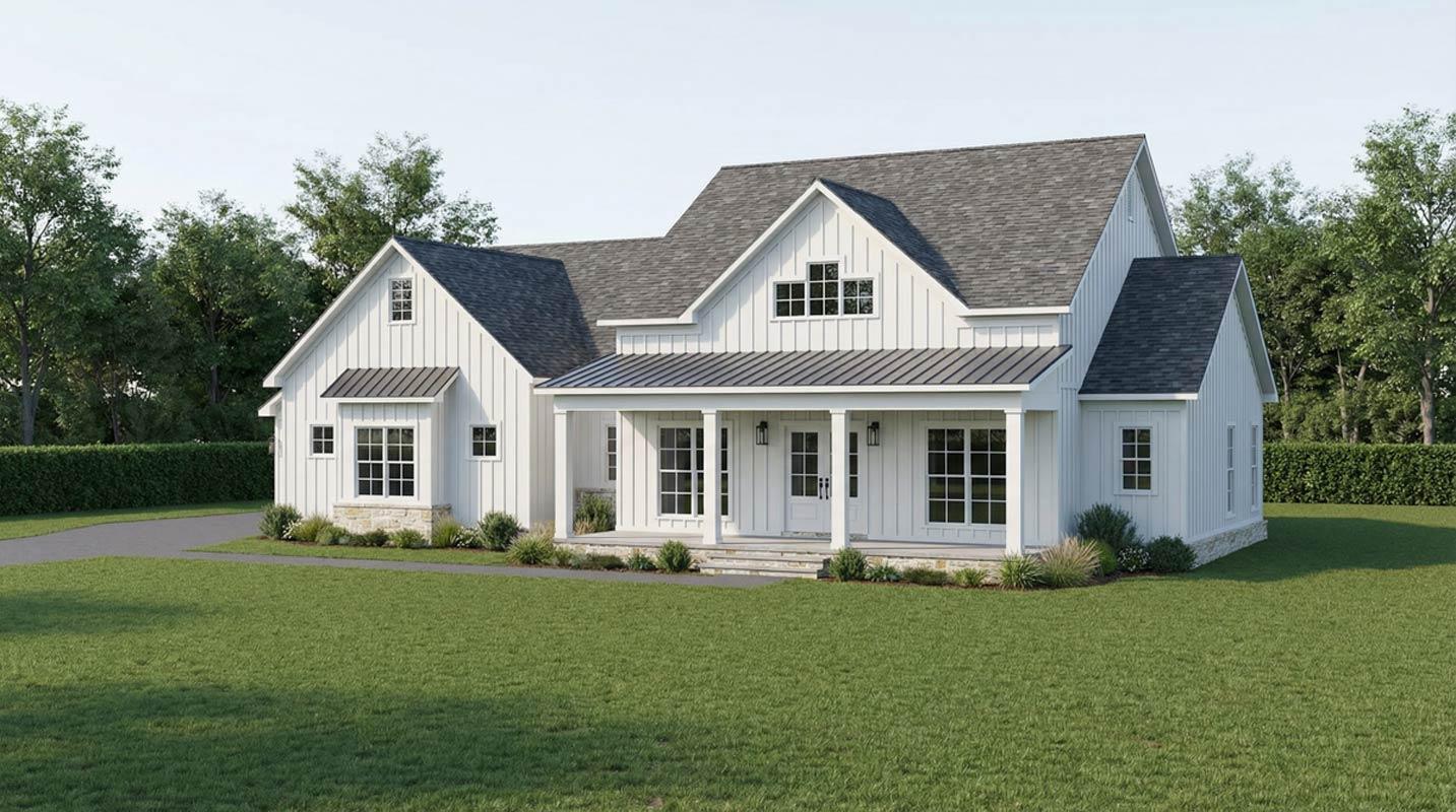 Modern Farmhouse house plan exterior with board and batten siding, metal roof, prominent gables, and a covered front porch.