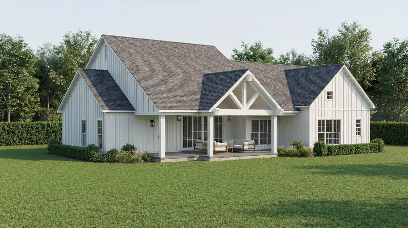 Modern Farmhouse house plan exterior with white board-and-batten siding, gables, and covered porch with exposed beams.