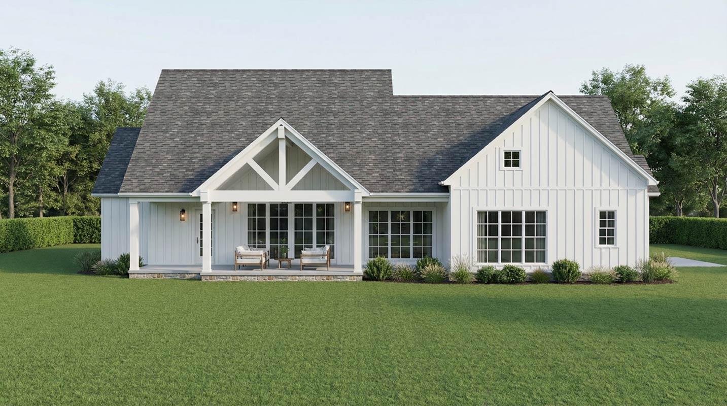 House plan exterior: Modern Farmhouse style, one story, with a prominent gabled entrance porch, board and batten siding, and large grid windows.