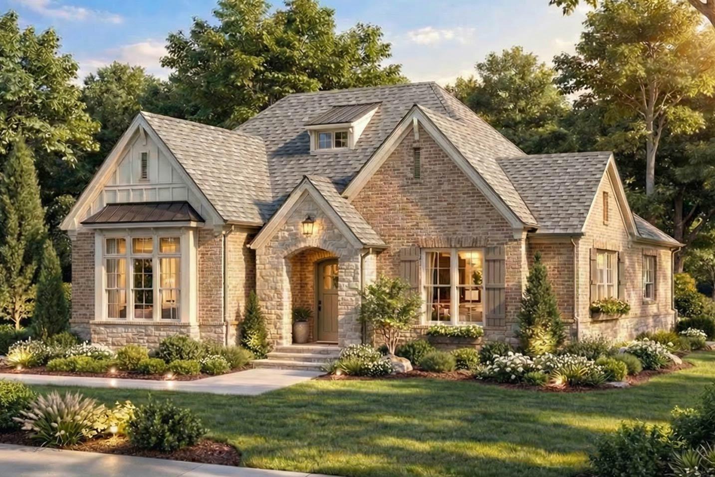 House plan exterior: Brick house with stone accents, arched entry, gable dormer, and bay window.