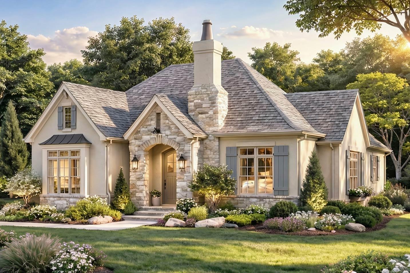 House plan exterior: stone entryway arch, gable with dormer window, prominent chimney, and bay window.