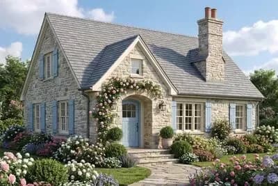 3 Bed Stone Cottage Plan with Main Level Master and 2 Car Garage