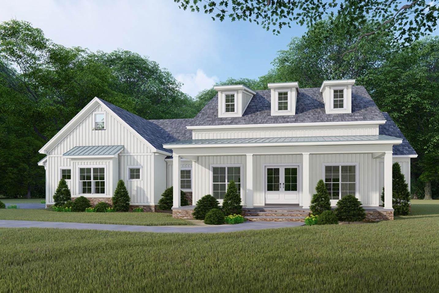 Modern Farmhouse house plan exterior with a wraparound porch, gable, and three dormer windows.