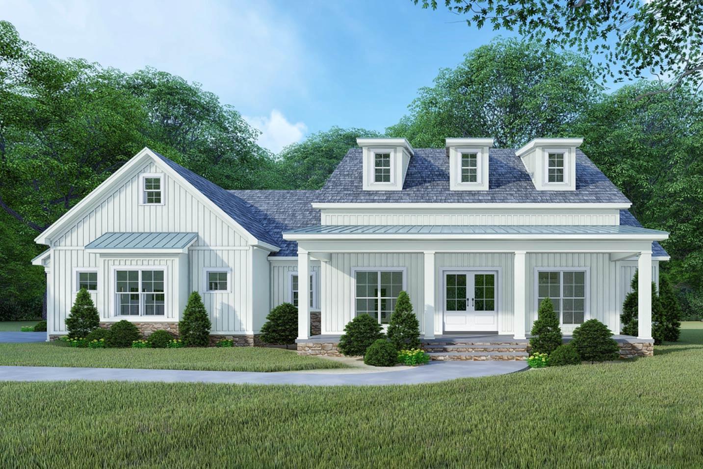 Modern Farmhouse house plan exterior with gabled roof, dormers, board and batten siding, and covered front porch.