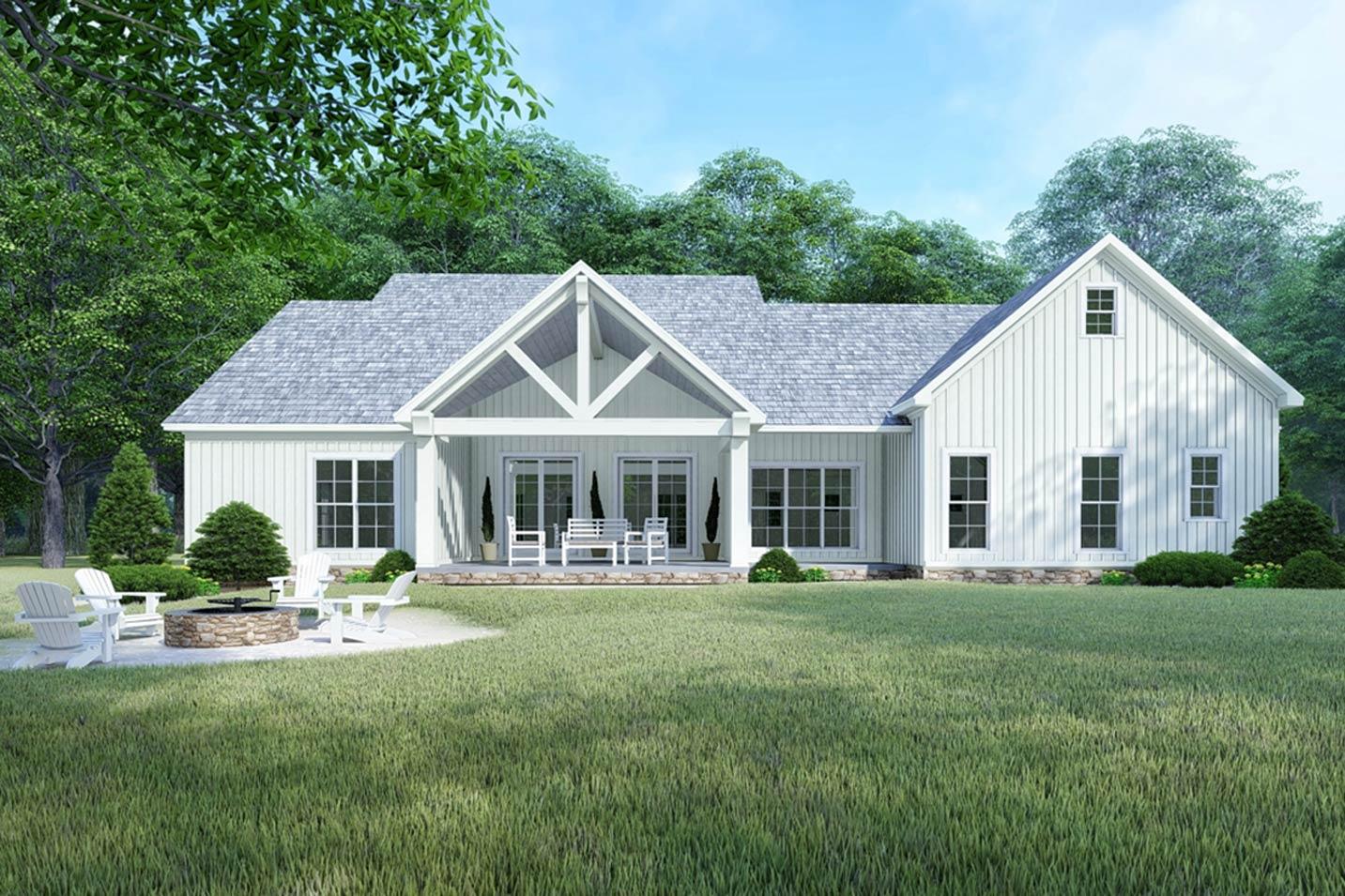 House plan exterior: one-story Modern Farmhouse with board-and-batten siding, gable roof, covered porch with exposed beams, and stone foundation.
