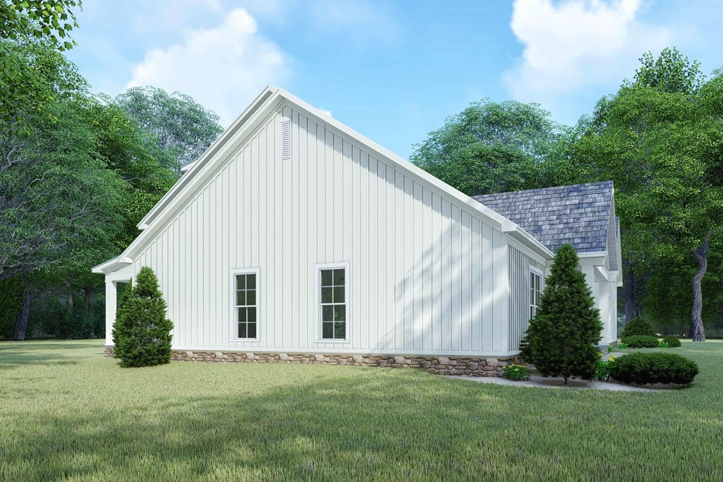 House plan exterior shows a white board and batten siding with stone foundation, two stories, and gabled rooflines.