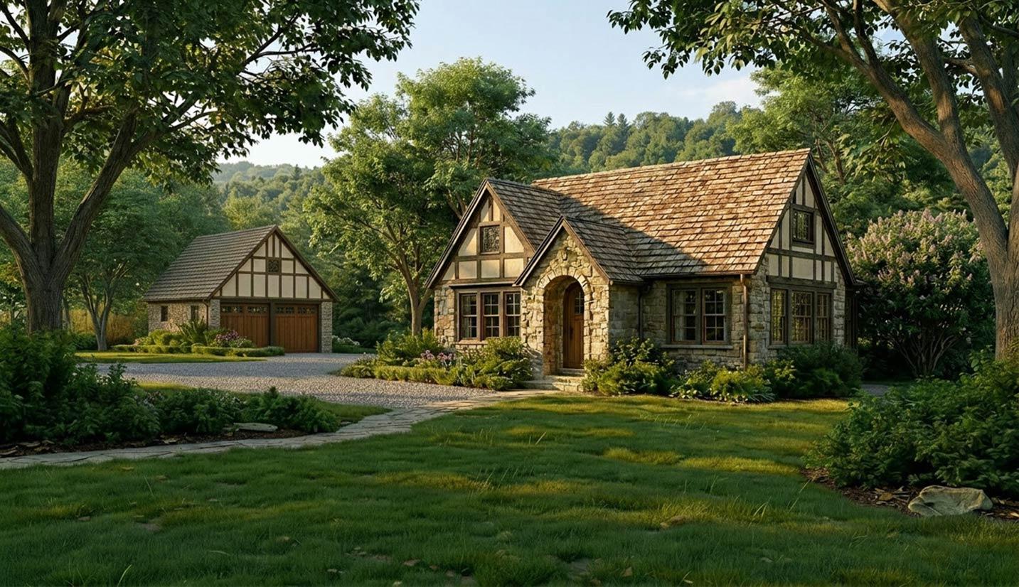 English Tudor house plan exterior with stone facade, arched entryway, prominent gables, and wood-shingled roof.