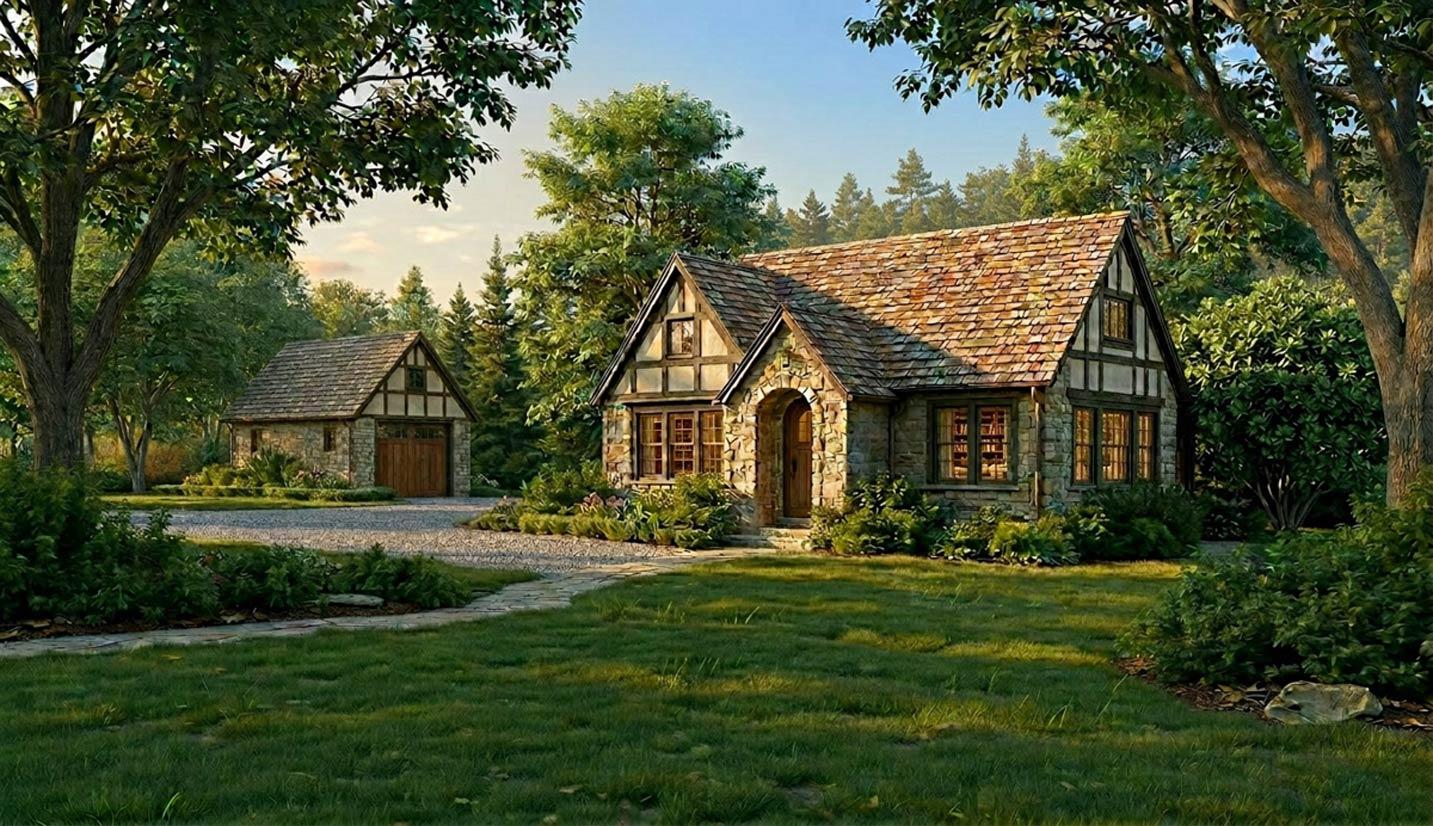 Tudor-style house plan exterior with stone facade, decorative half-timbering, arched entry, and attached garage.