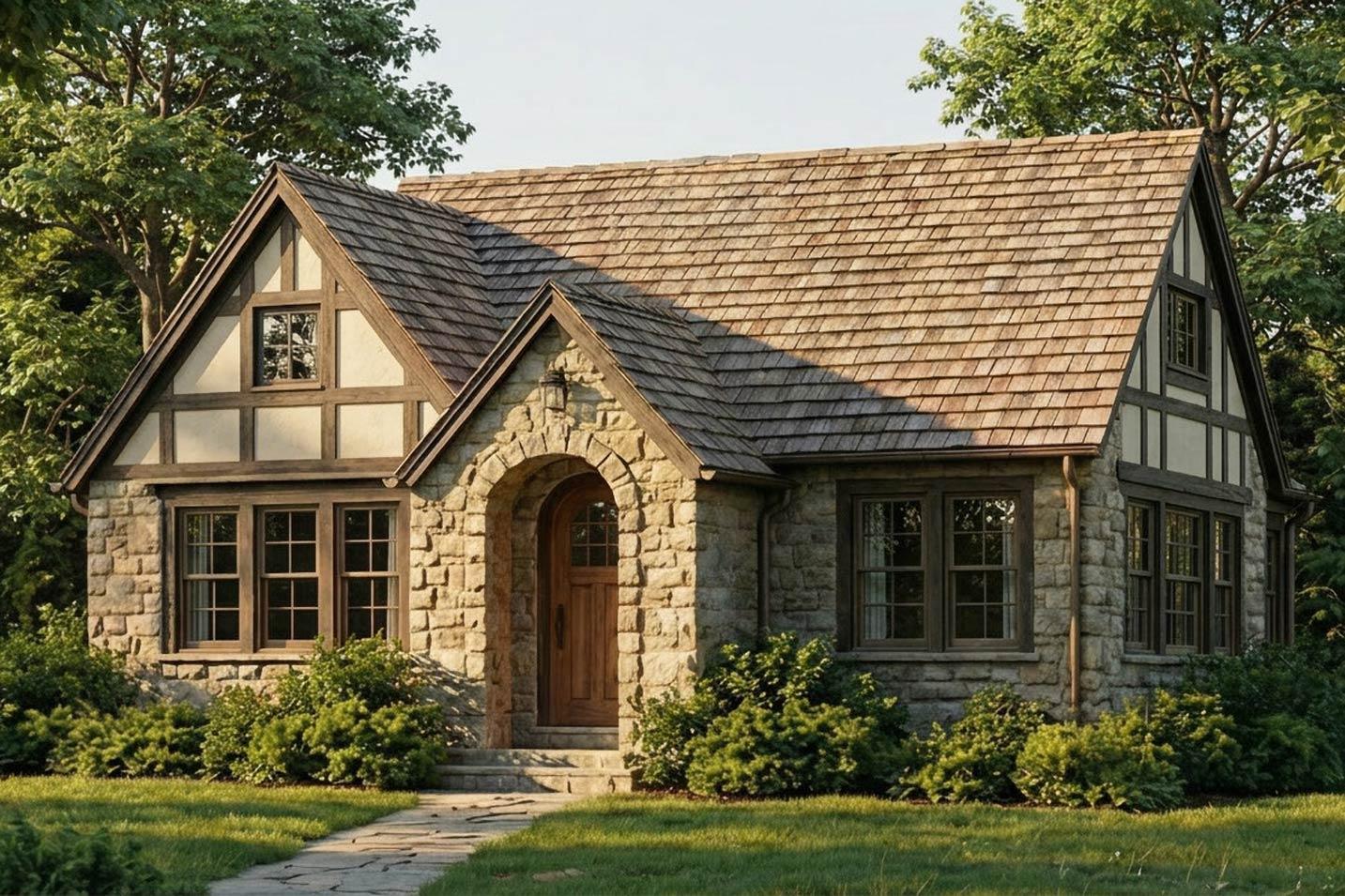 Tudor style house plan exterior with stone facade, arched entry, and decorative half-timbering.