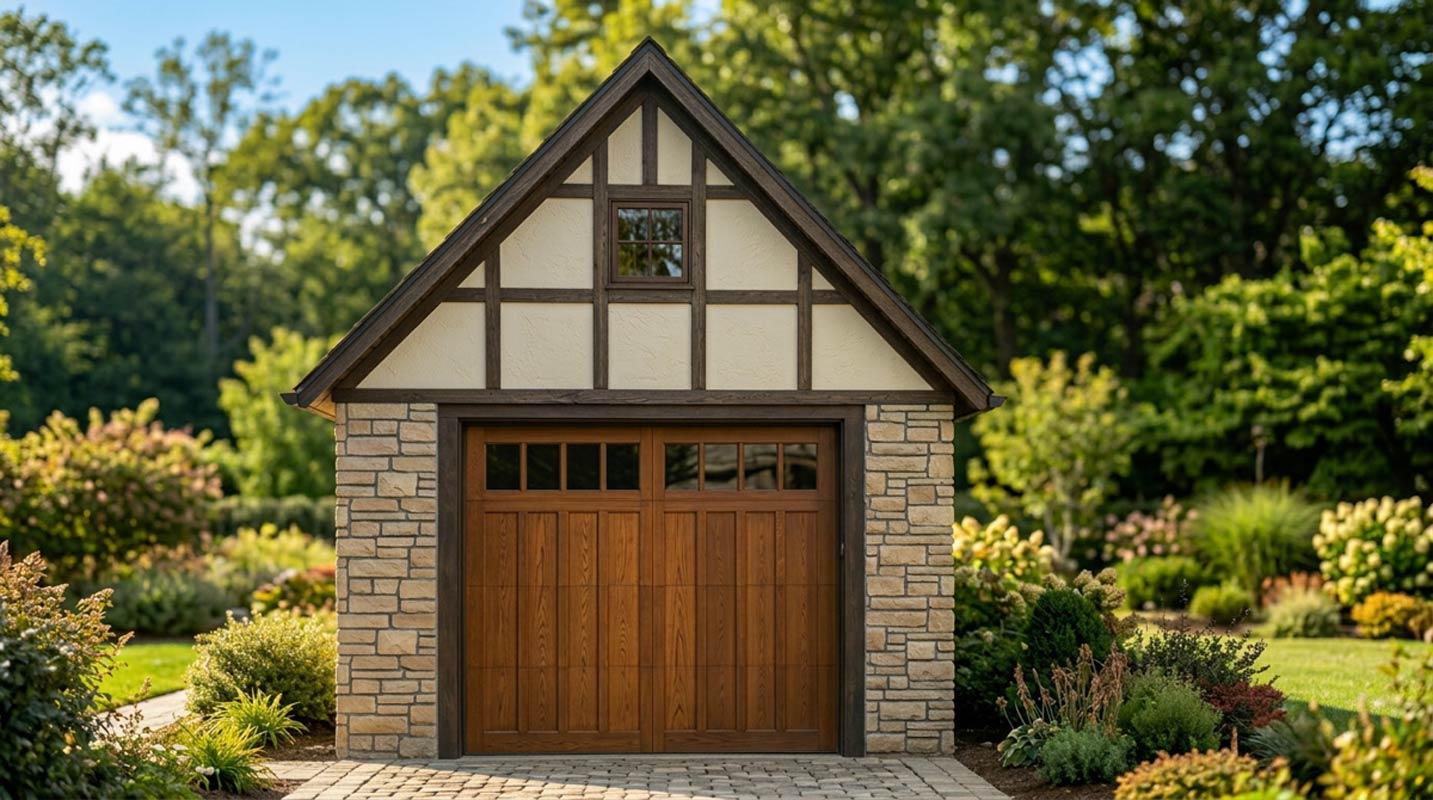 Garage exterior with stone base, wood door, and Tudor-style half-timbering on gable.