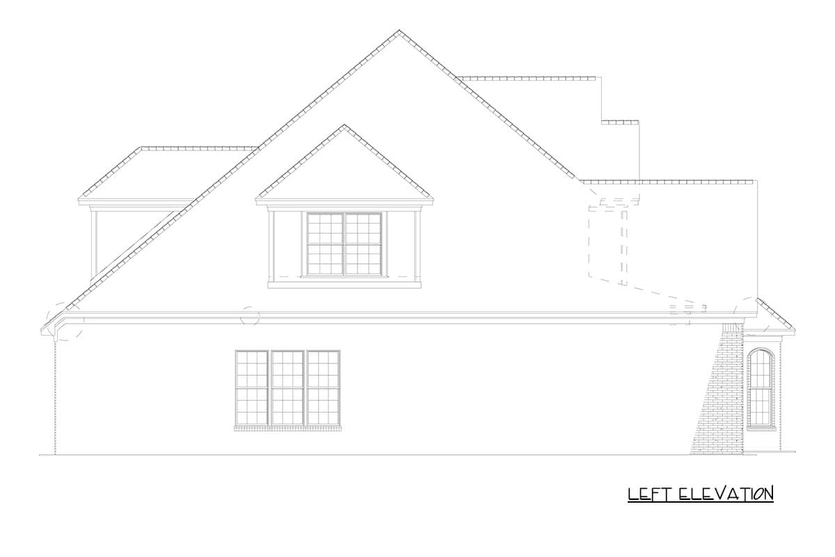 Left elevation drawing of a house plan with a dormer, multiple gables, and brick chimney detail.