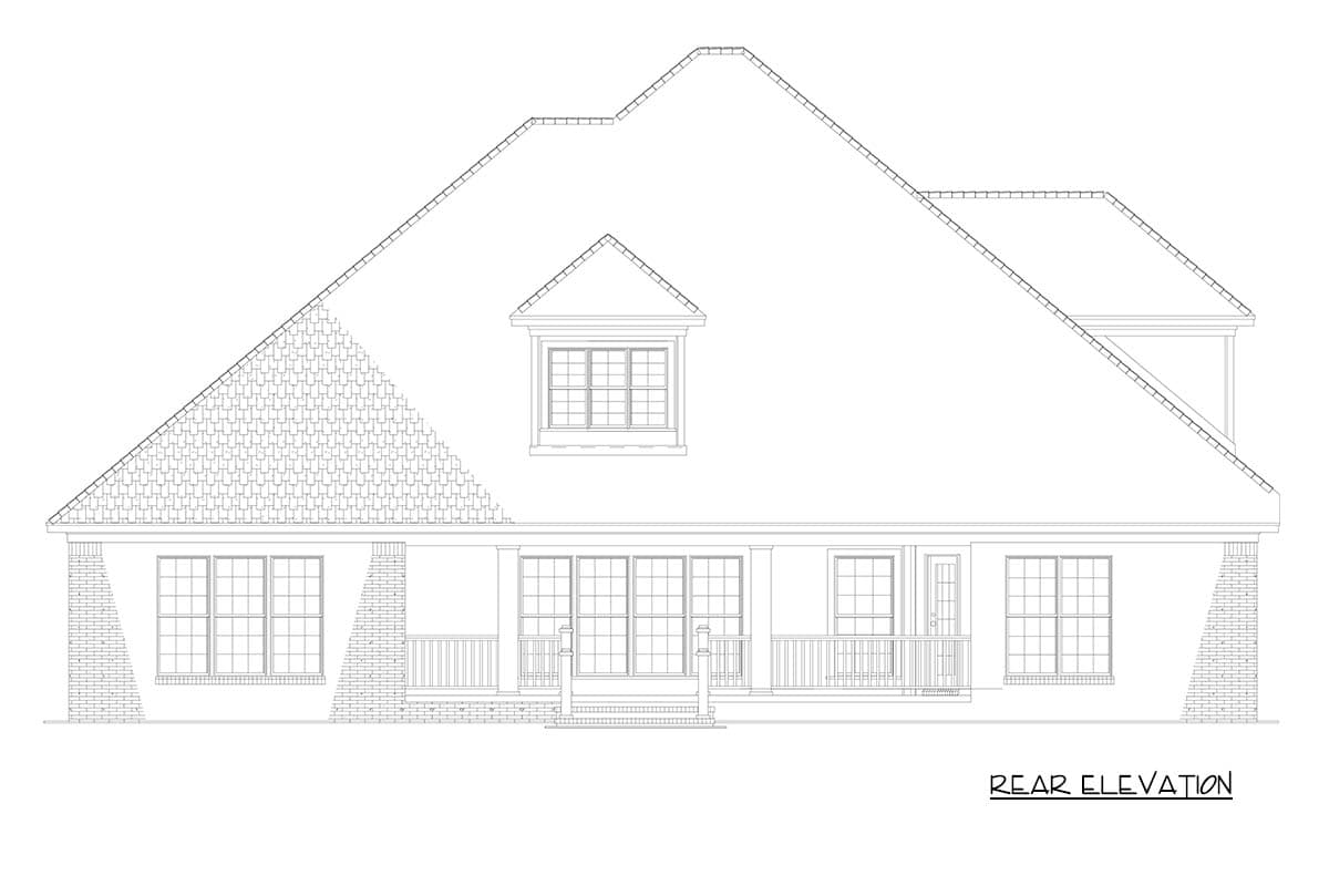 Rear elevation drawing of a house plan featuring a prominent gable, dormer, and covered porch with brick accents.
