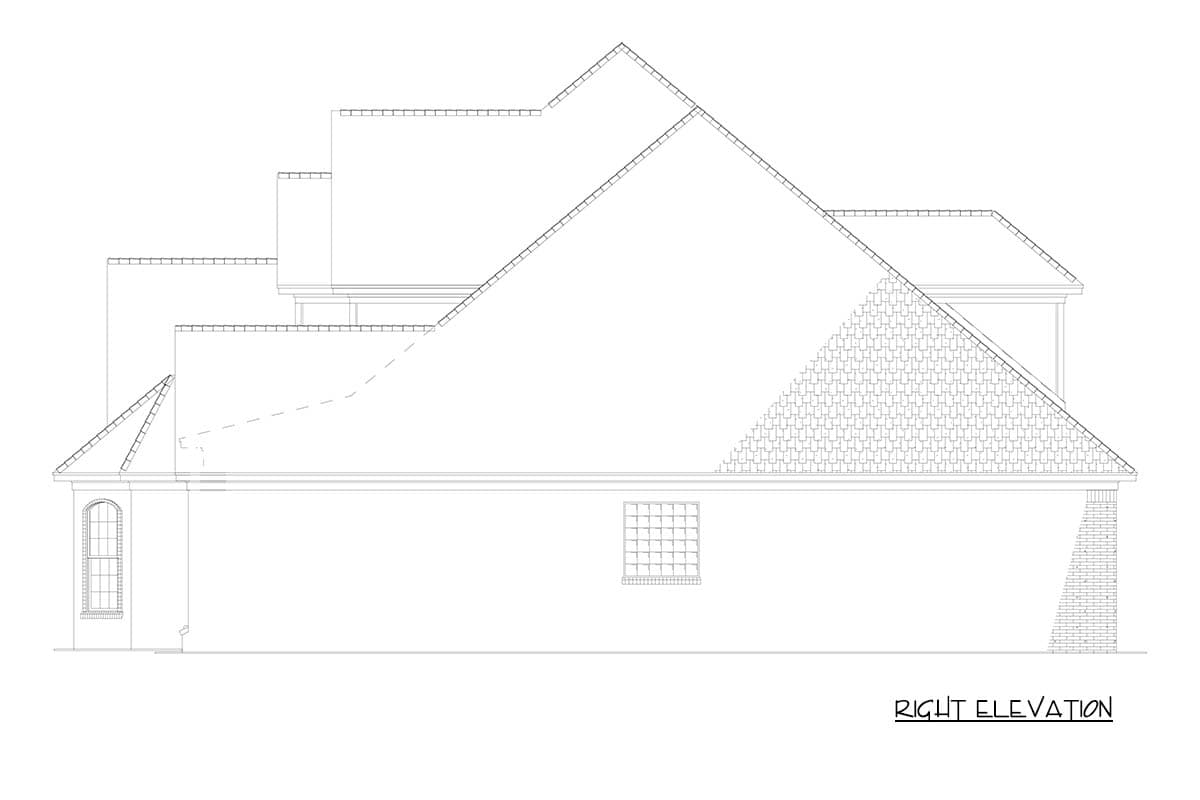 House plan right elevation drawing showing multiple gables, rooflines, dormers, and a brick chimney.