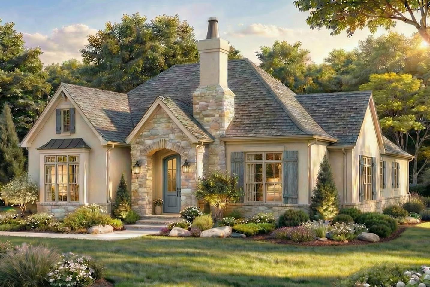 House plan exterior: Stone-accented entryway, arched windows, prominent gable, and detailed stonework.