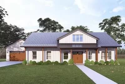 3 Bedroom Barndominium Farmhouse House Plan with 3-Car Garage