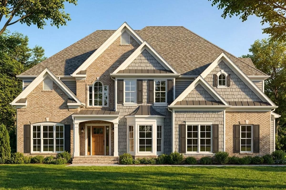 House plan exterior: Two-story home with brick and shingle siding, gables, dormers, arched windows, and covered entry.