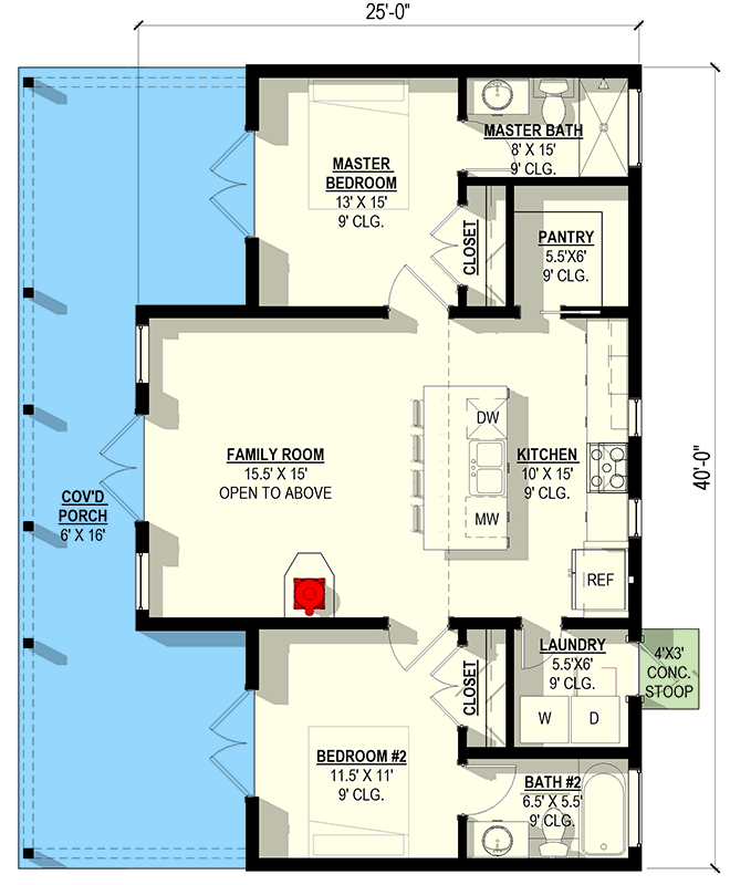 Plan 405112FDC: Modern Two Bedroom Contemporary House Plan with Expansive Front Porch - Floor Plan - Main Level - Contemporary, Modern