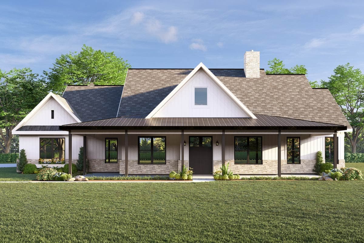 House plan exterior: Modern Farmhouse style, one-story, with a wrap-around porch, gable dormer, and stone accents.