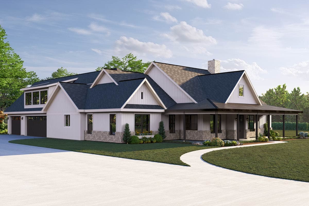 House plan exterior: Modern Farmhouse style, 2 stories, side-entry garage, wide covered porch, gable rooflines, stone accents.