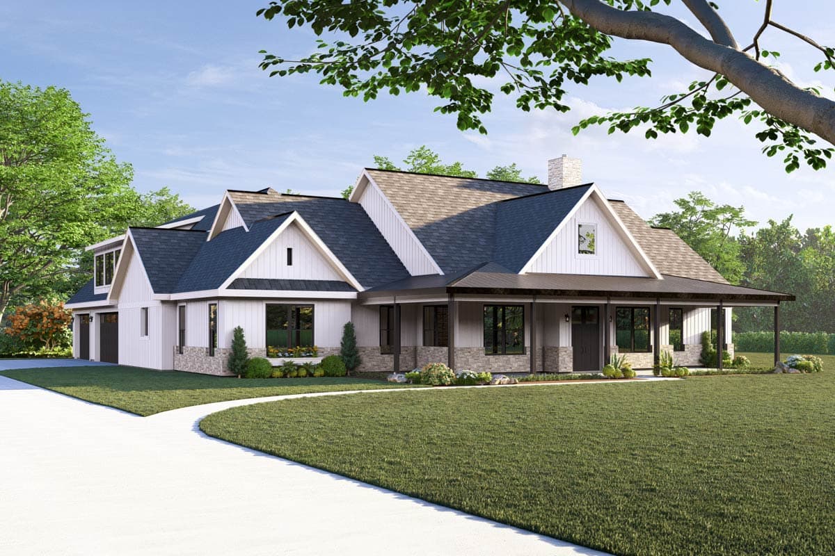 Modern Farmhouse style house plan exterior with a wraparound porch, gables, stone accents, and a three-car garage.