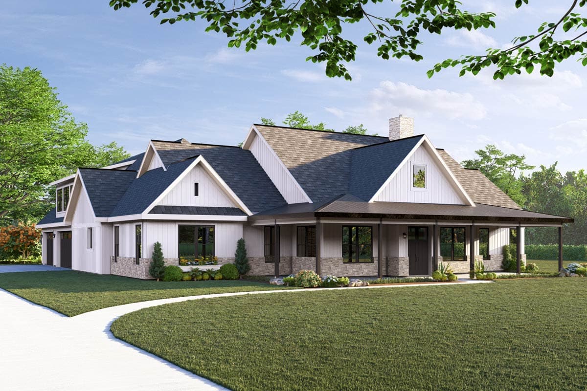 Modern Farmhouse style house plan exterior with a wraparound porch, multiple gables, and a three-car garage.