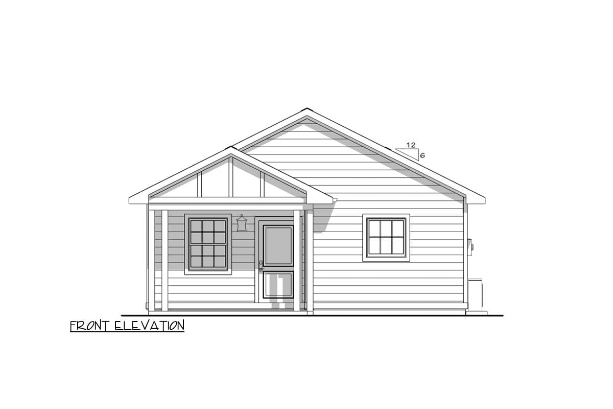 Front elevation drawing of a one-story house plan featuring a gabled covered entry, horizontal siding, and double-hung windows.