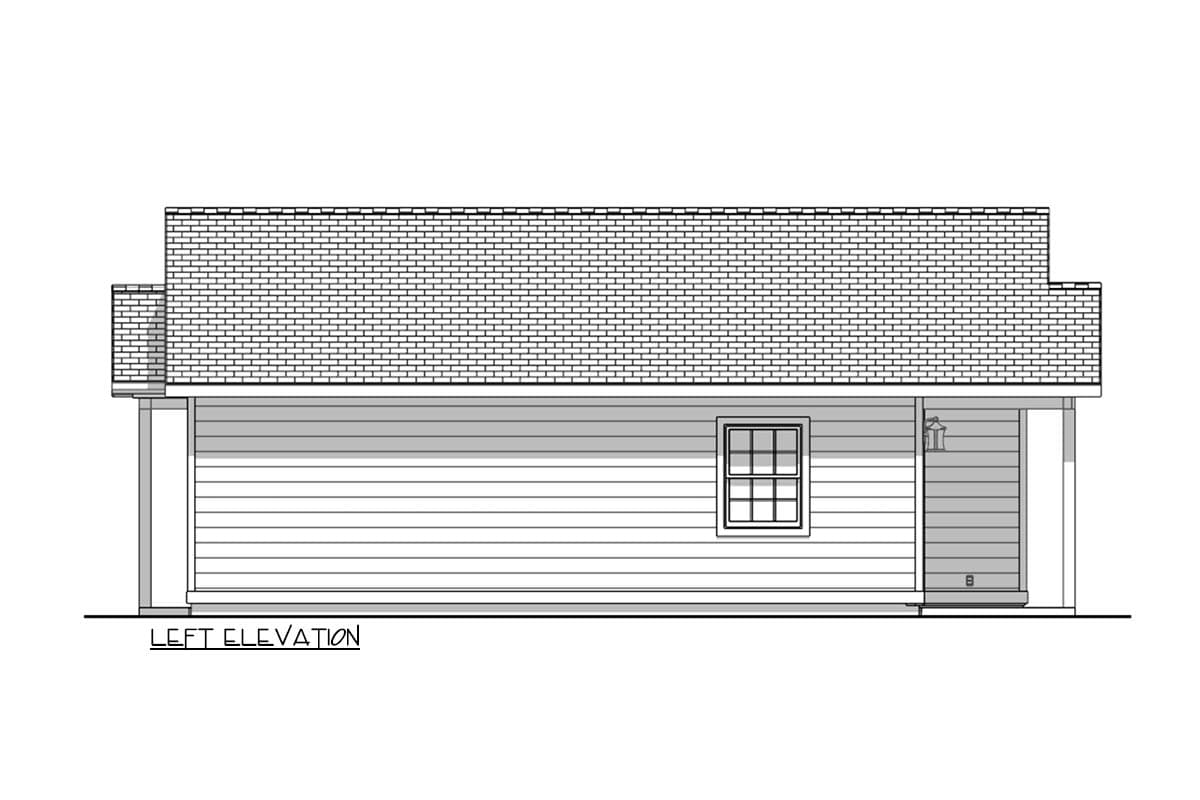 Left elevation house plan showing horizontal siding, a gable roofline, one window, and a covered porch.