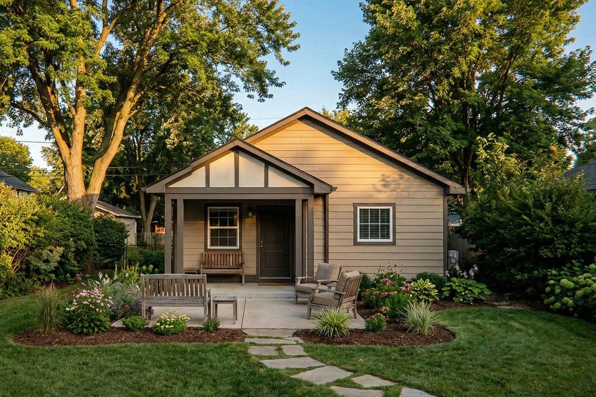 House plan exterior: Single-story Craftsman home with covered front porch, gable roof, and neutral siding.