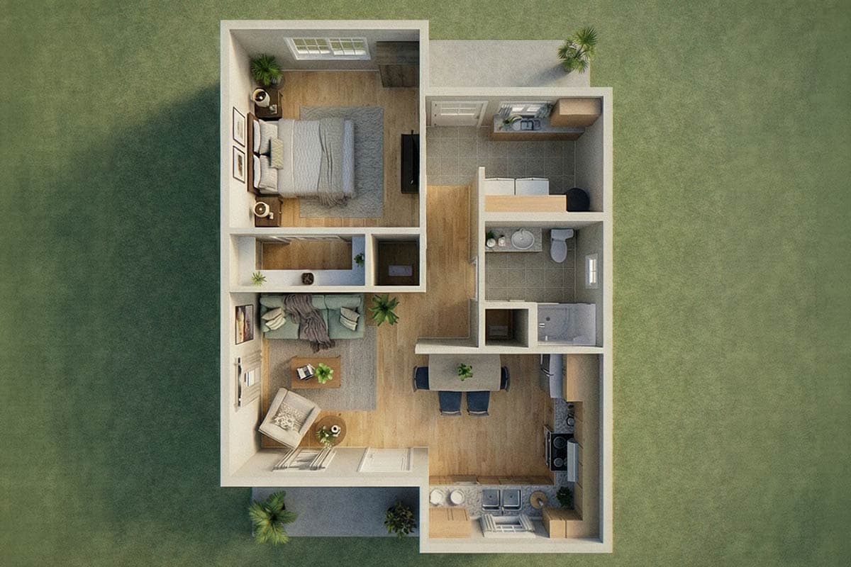 Floor plan showing a one-bedroom apartment with open living, dining, and kitchen areas, and a separate bathroom.