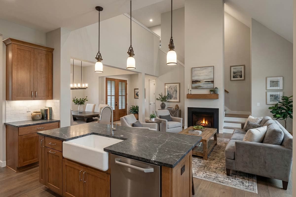 Open concept living space with kitchen island, great room fireplace, and vaulted ceiling.