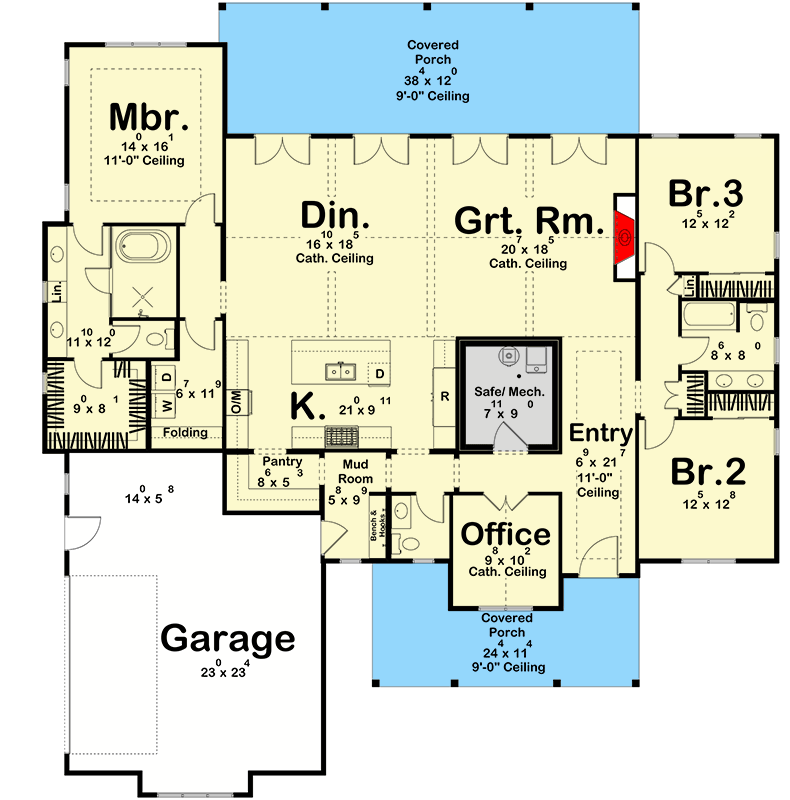 Plan 623613DJ: Modern Farmhouse House Plan with 3 Bedrooms Office and Optional Basement - Floor Plan - Main Level - Slab/Crawl Option - Modern Farmhouse, New American