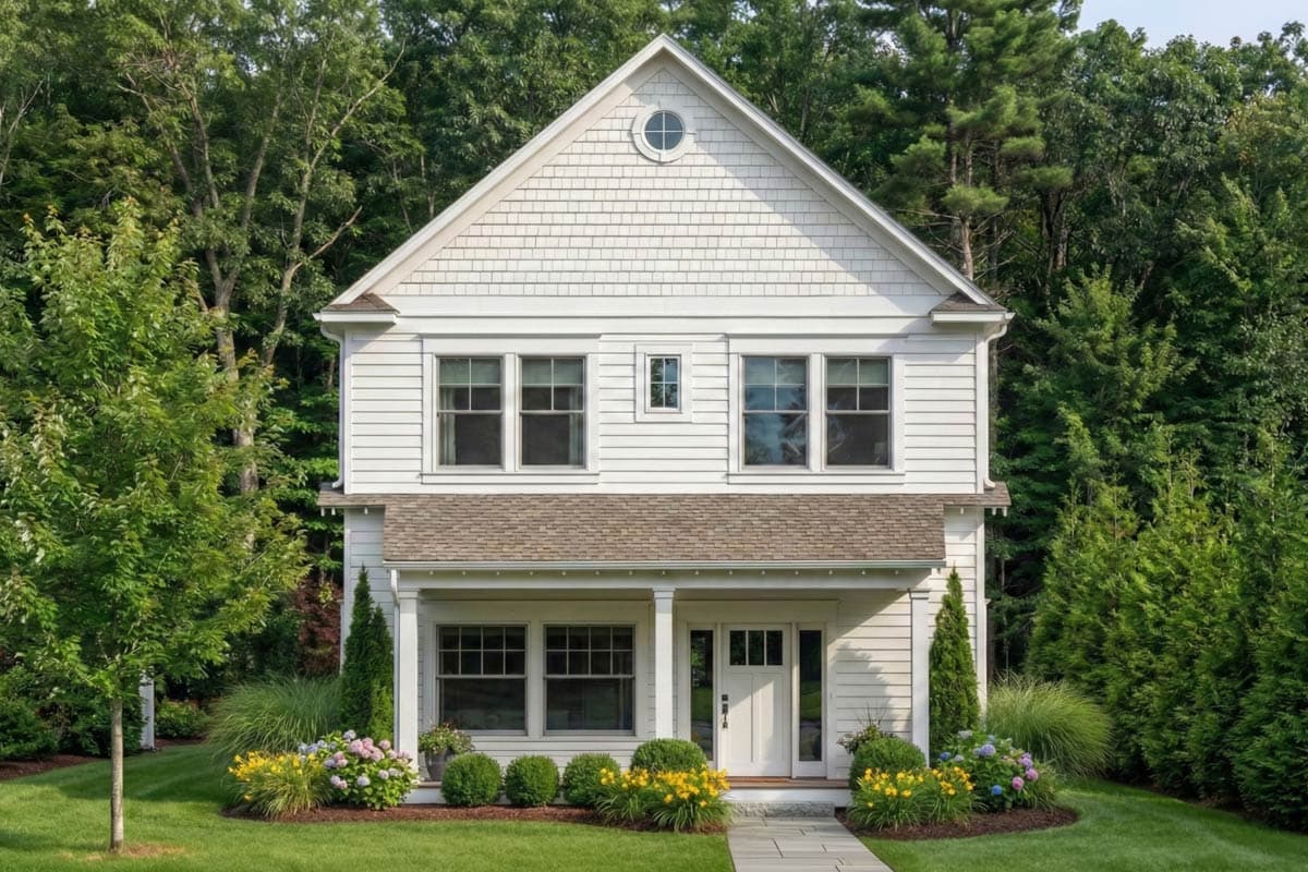 Two-story house plan exterior with gabled roof, dormer, and covered front porch with four columns.