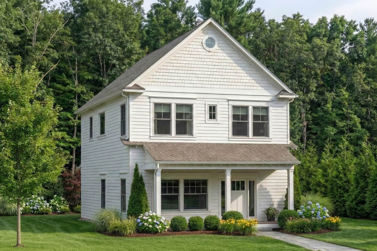House plan exterior: Two-story modern farmhouse with a covered porch, gables, and circular dormer window.