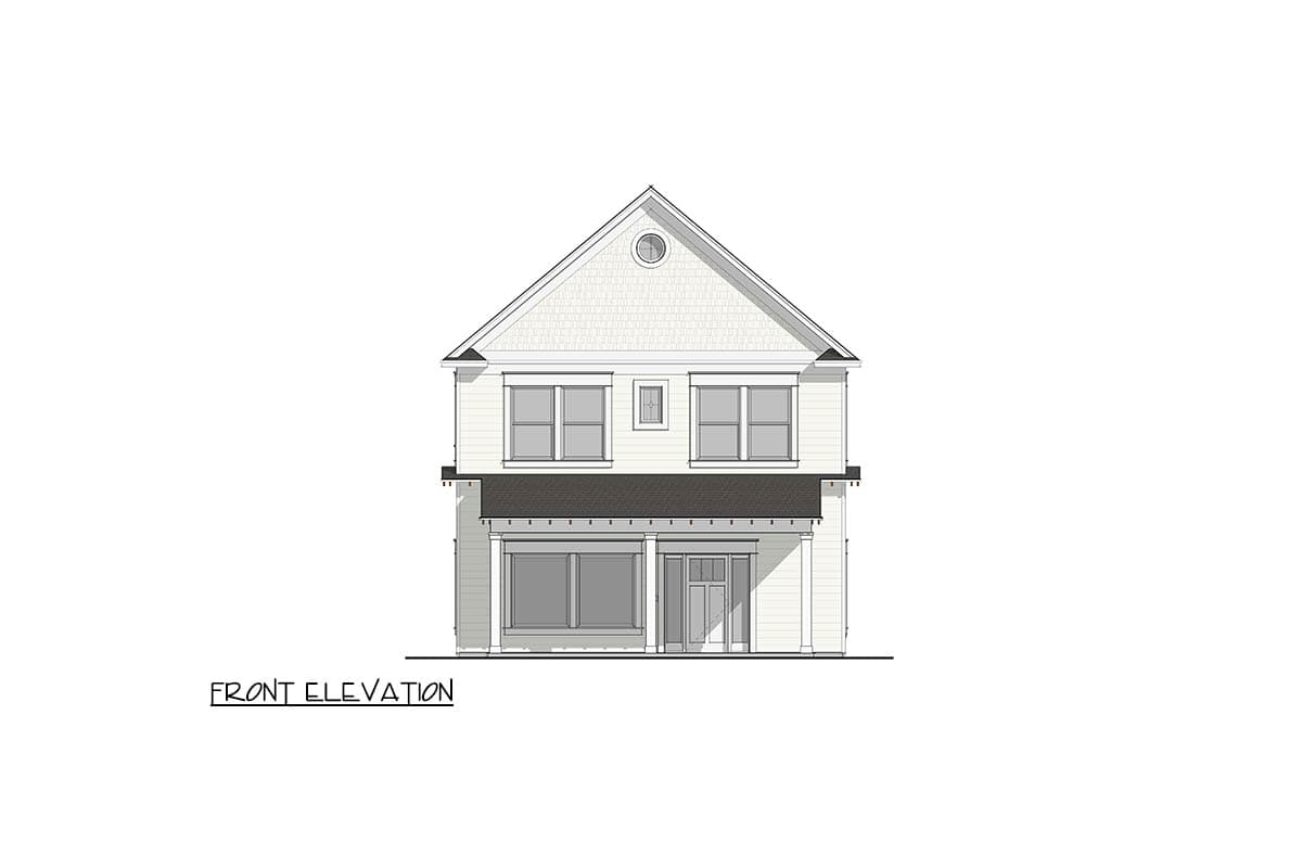 Front elevation drawing of a two-story house plan with a gabled roof, two dormers, and a covered front porch.