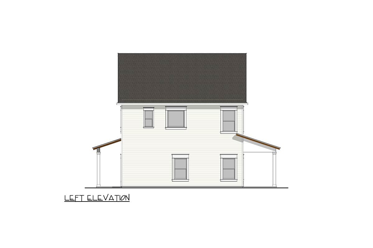 Left elevation drawing of a two-story house plan with a gable roof, visible side porches, and horizontal siding.