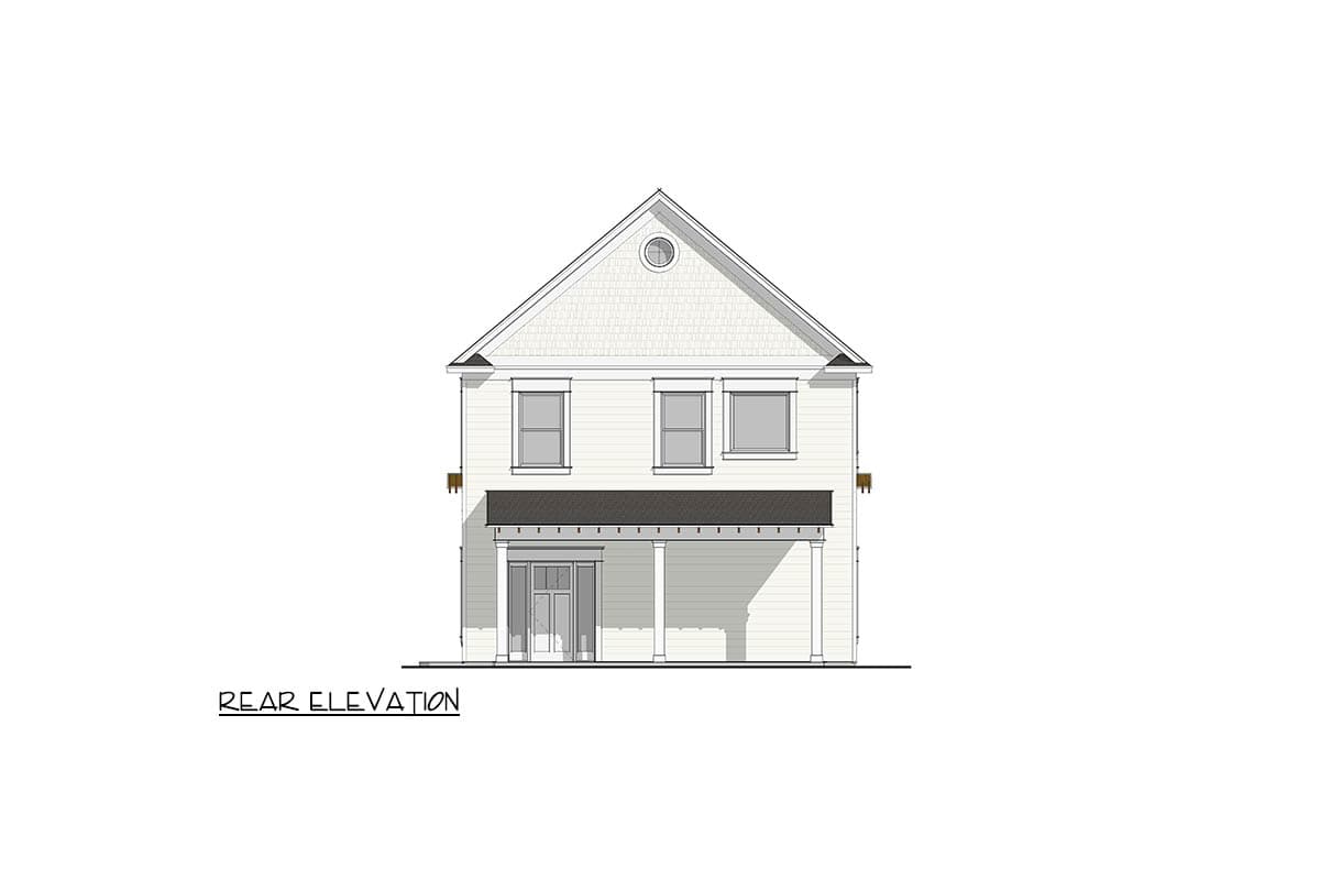 Rear elevation drawing of a two-story house with a central gable, porch, and multiple windows.