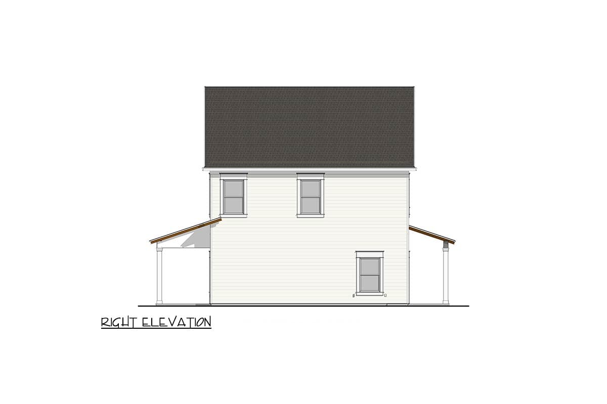 Right elevation of a two-story house plan with a dark gable roof, white siding, and two covered porches.