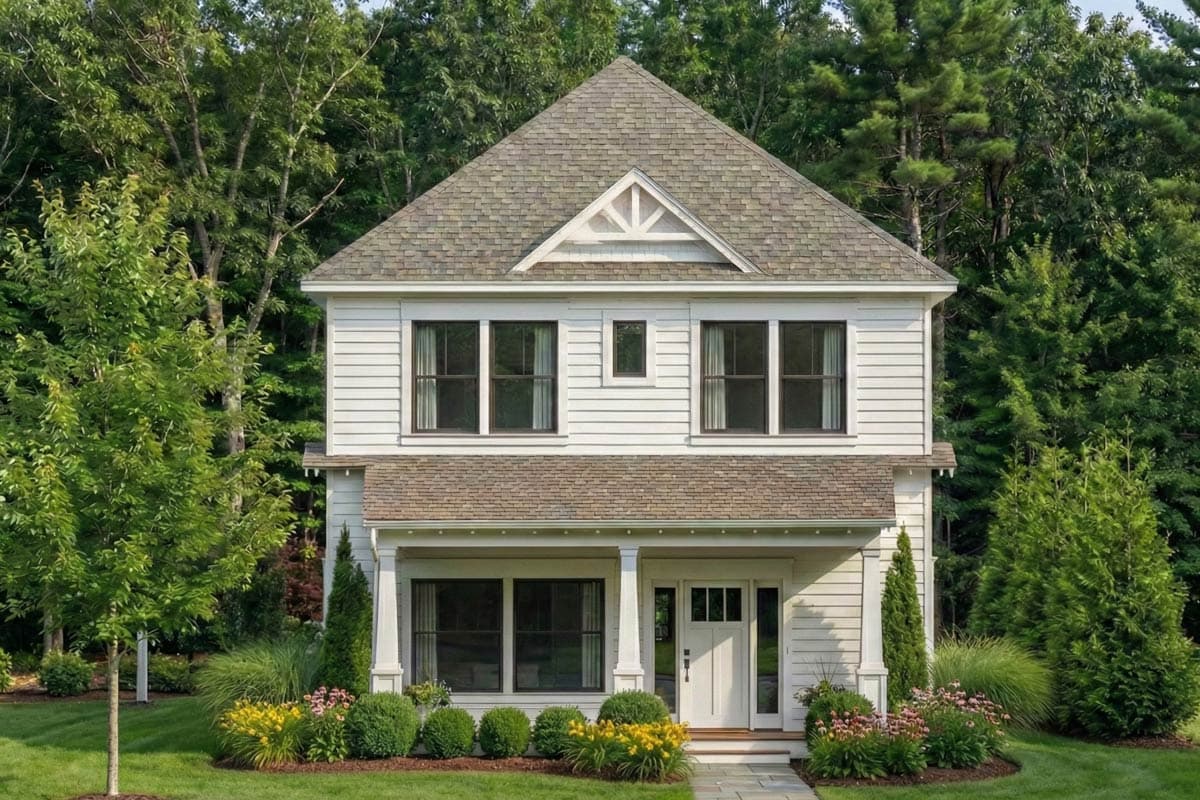 House plan exterior: Two-story home with gabled roof, front porch, and multiple window sets.