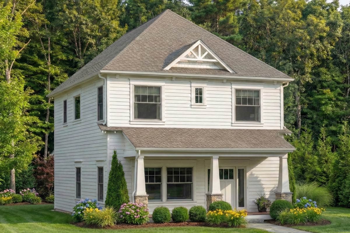 Two-story house plan exterior with a covered front porch, gables, and horizontal siding.