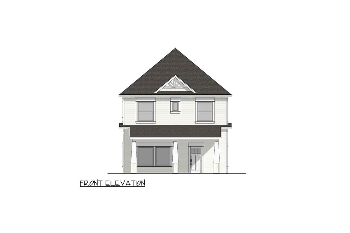 Front elevation drawing of a two-story house with a prominent gable, covered entry porch, and symmetrical window placement.