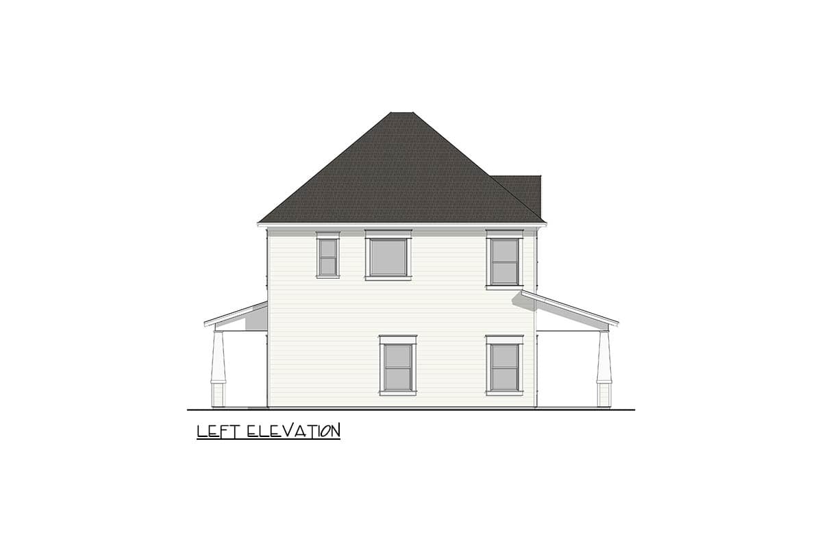 Left elevation drawing of a two-story house plan with a gabled roof and side porches.
