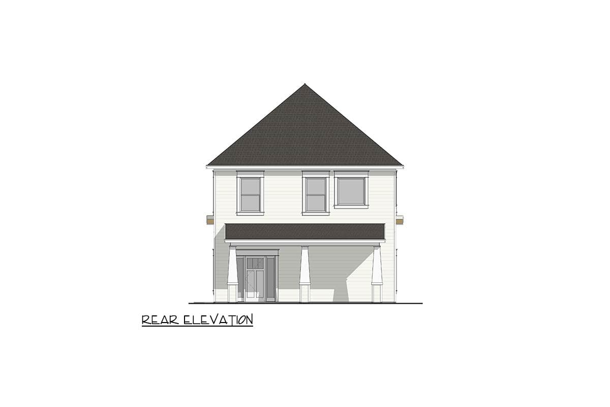 Rear elevation drawing of a two-story house with a covered porch, gable roof, and multiple windows.