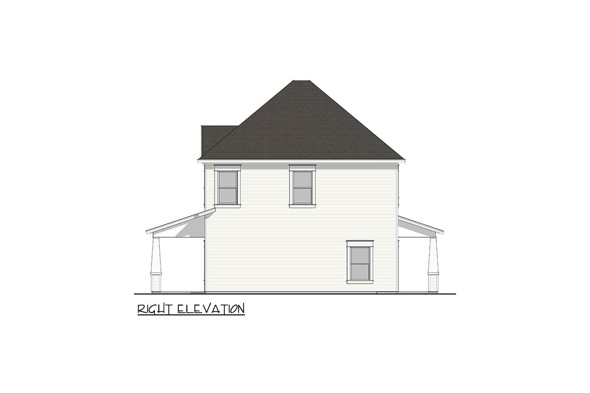 Right elevation house plan drawing. Two-story house with gabled roof and covered porches on each side.